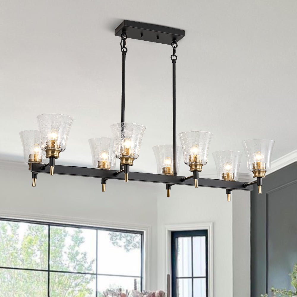 8-Light Seeded Glass Black Brass Linear Island Chandelier