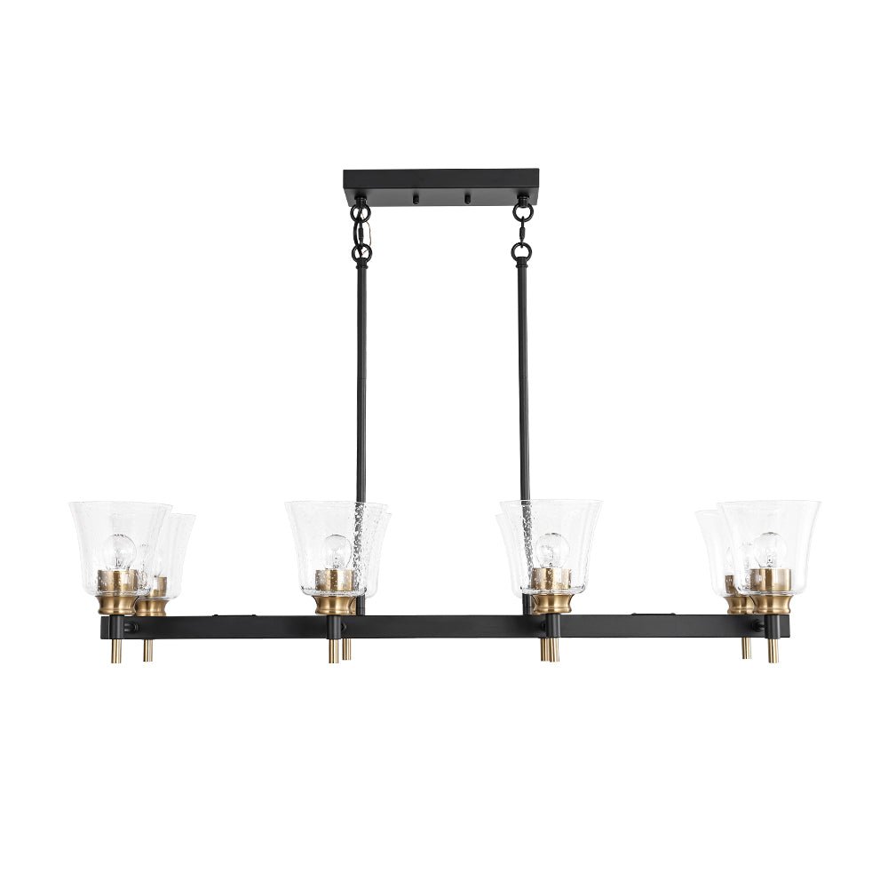 8-Light Seeded Glass Black Brass Linear Island Chandelier