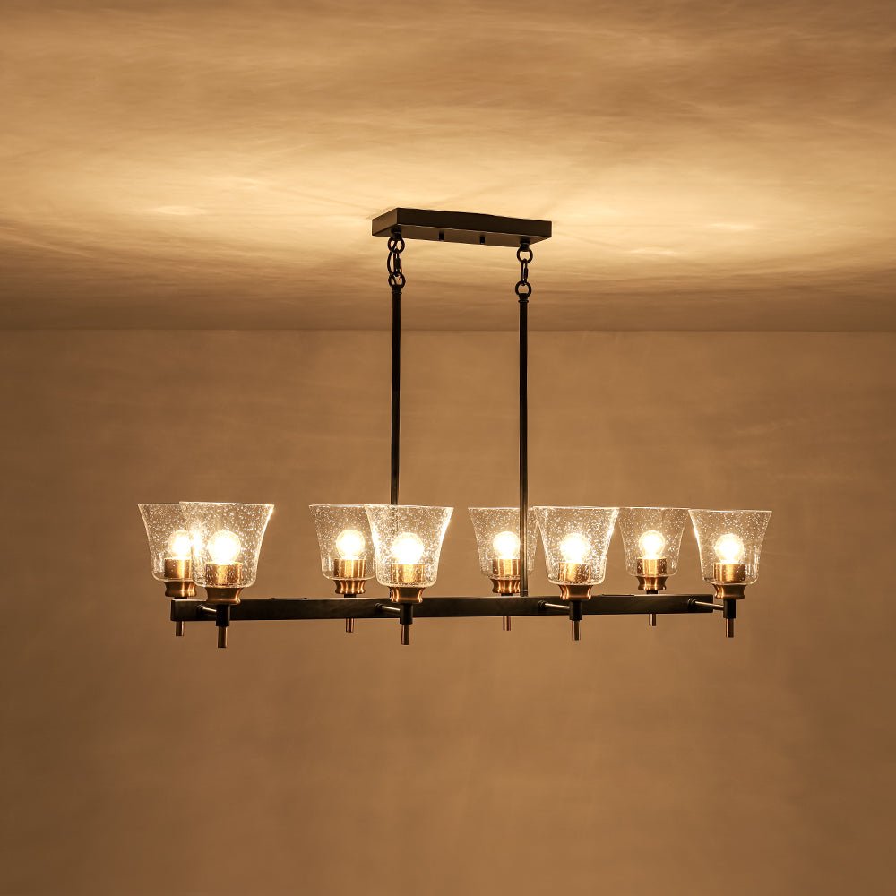 8-Light Seeded Glass Black Brass Linear Island Chandelier