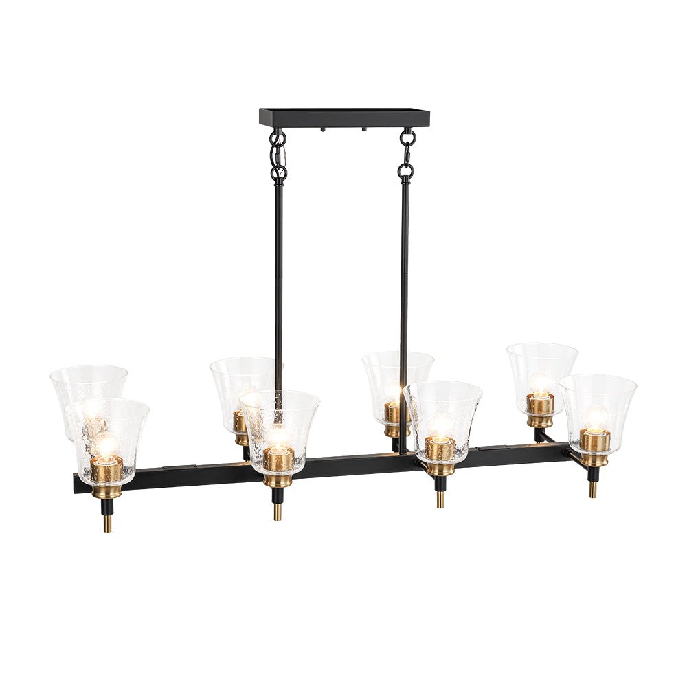 8-Light Seeded Glass Black Brass Linear Island Chandelier