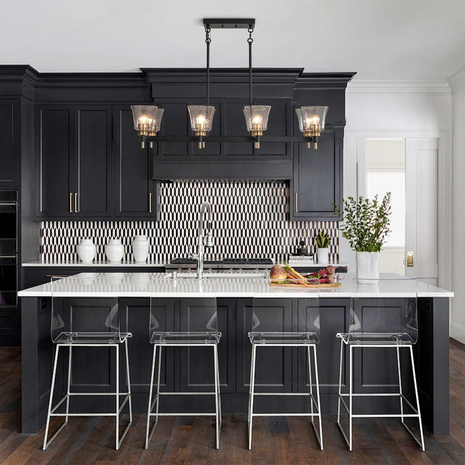 8-Light Seeded Glass Black Brass Linear Island Chandelier