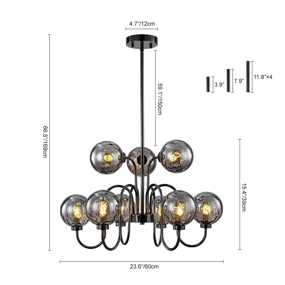 9-Light Hammered Smoked Glass Bubble Black Sputnik Chandelier