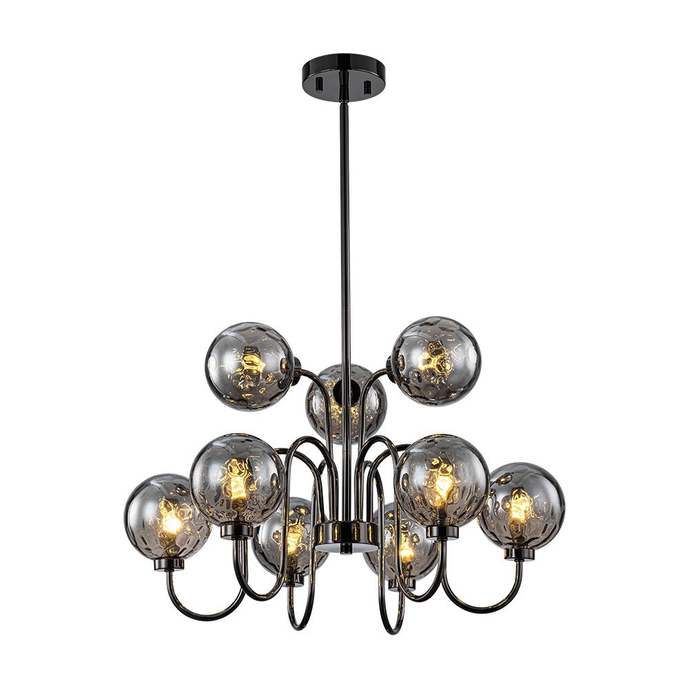9-Light Hammered Smoked Glass Bubble Black Sputnik Chandelier