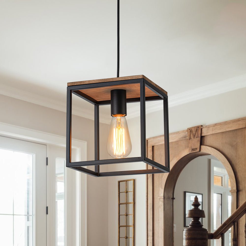 Aged Oak Iron Square Cage Single Kitchen Pendant Light