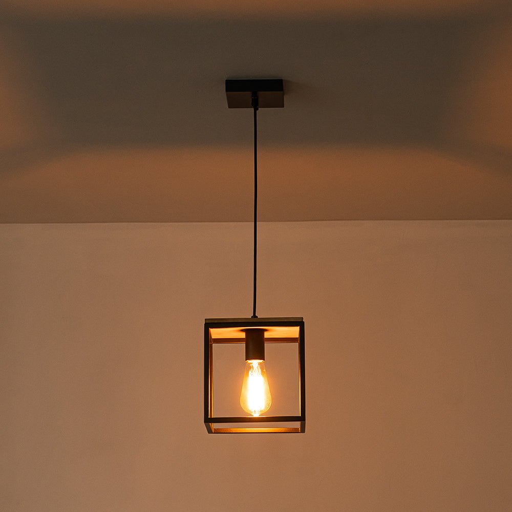 Aged Oak Iron Square Cage Single Kitchen Pendant Light