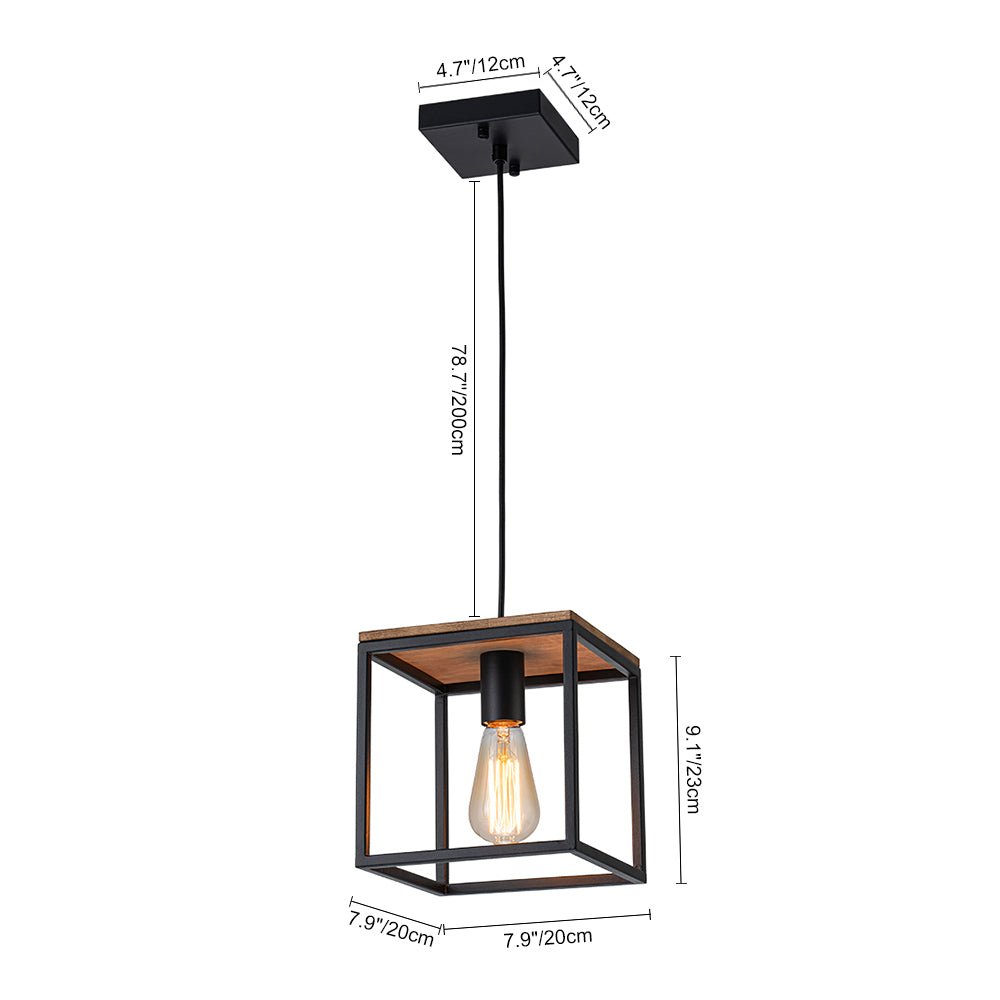 Aged Oak Iron Square Cage Single Kitchen Pendant Light