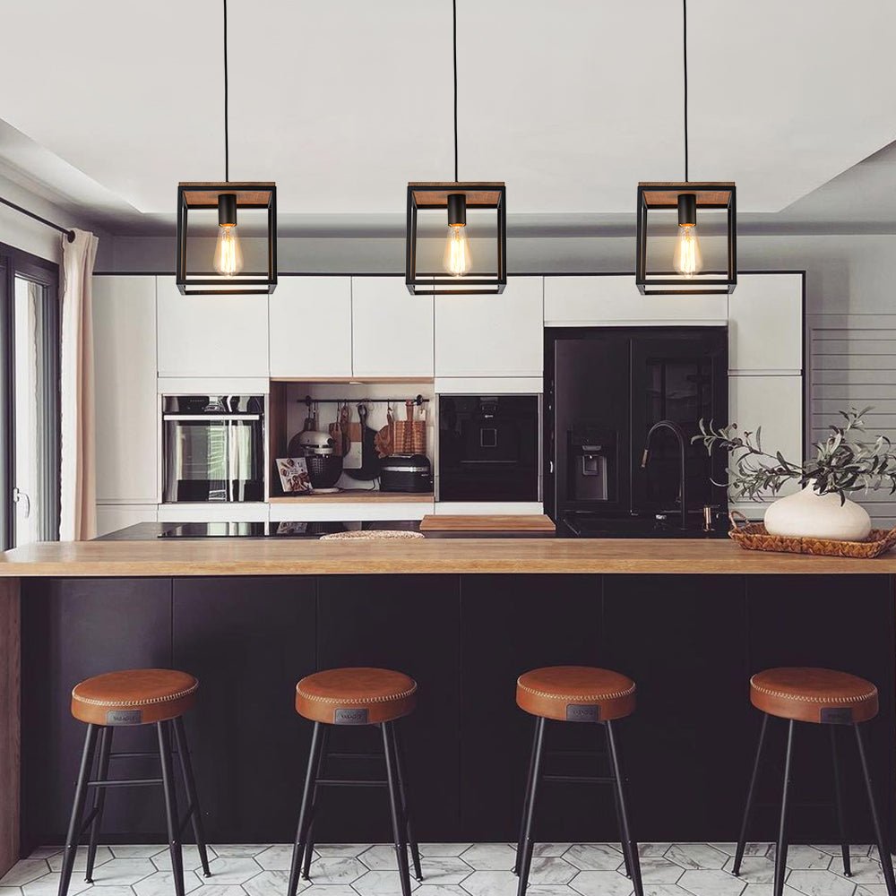 Aged Oak Iron Square Cage Single Kitchen Pendant Light