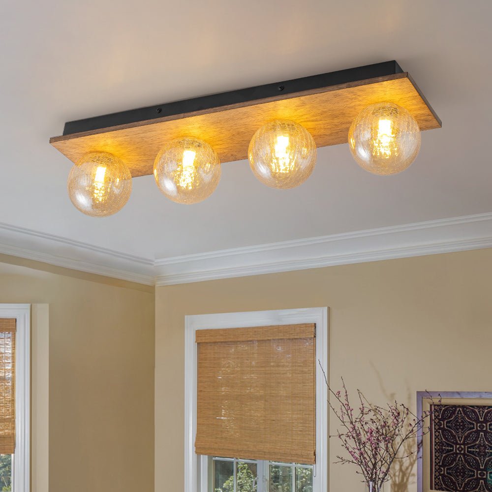 Amber Textured Glass Linear Wooden Semi Flush Mount / Wall Light