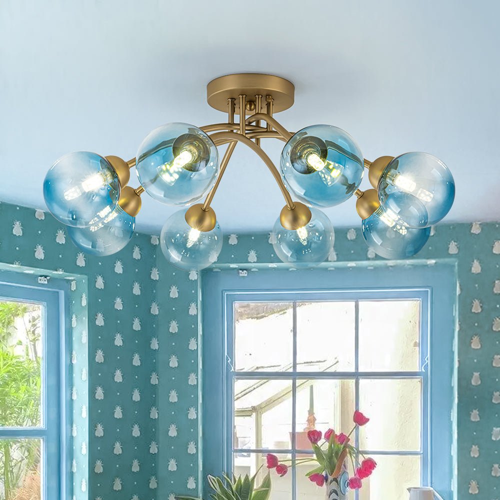 Art Deco 8-Light Sputnik Blue Glass Bubble Semi Flush Mount