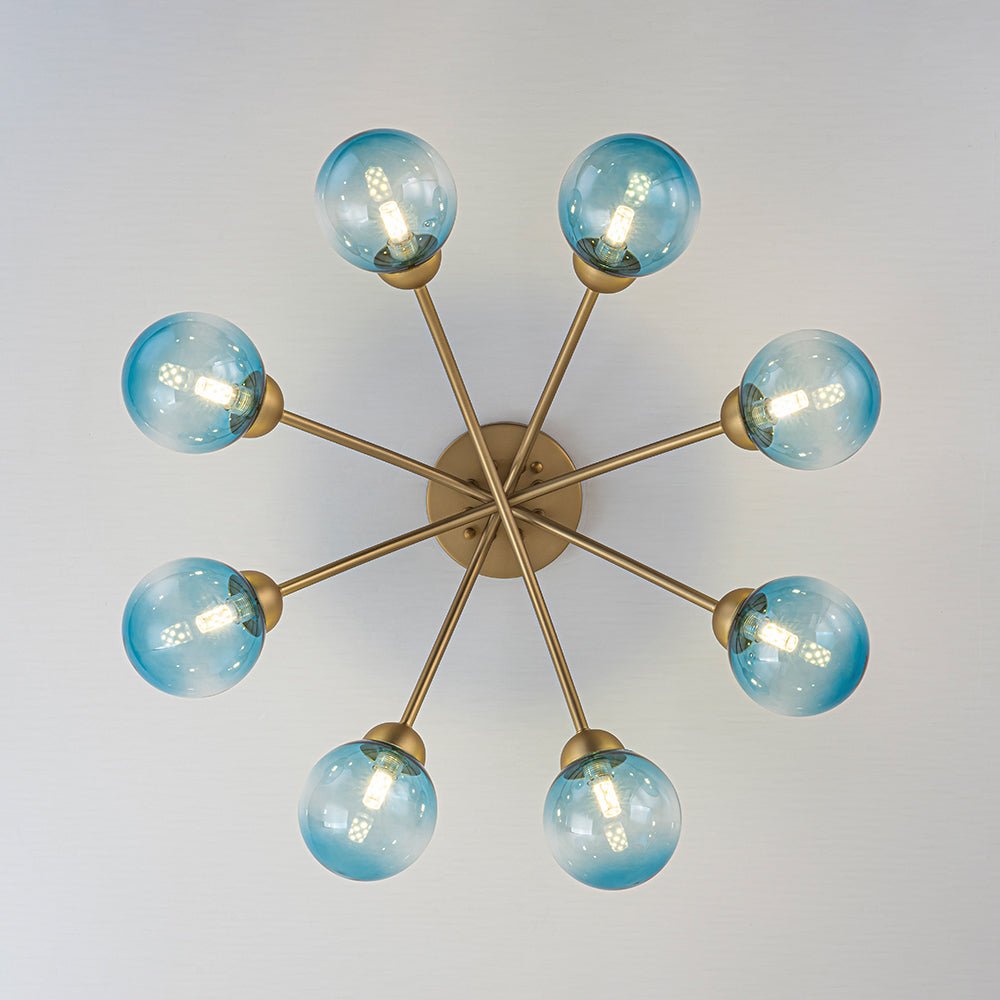 Art Deco 8-Light Sputnik Blue Glass Bubble Semi Flush Mount