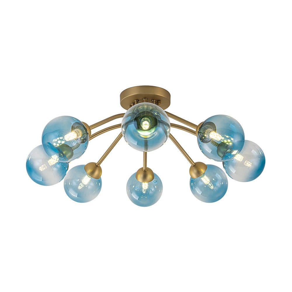 Art Deco 8-Light Sputnik Blue Glass Bubble Semi Flush Mount