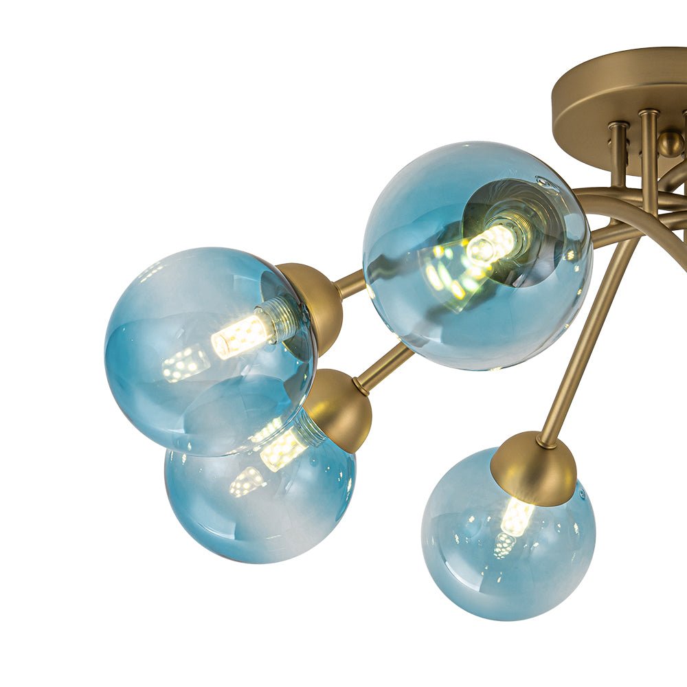 Art Deco 8-Light Sputnik Blue Glass Bubble Semi Flush Mount