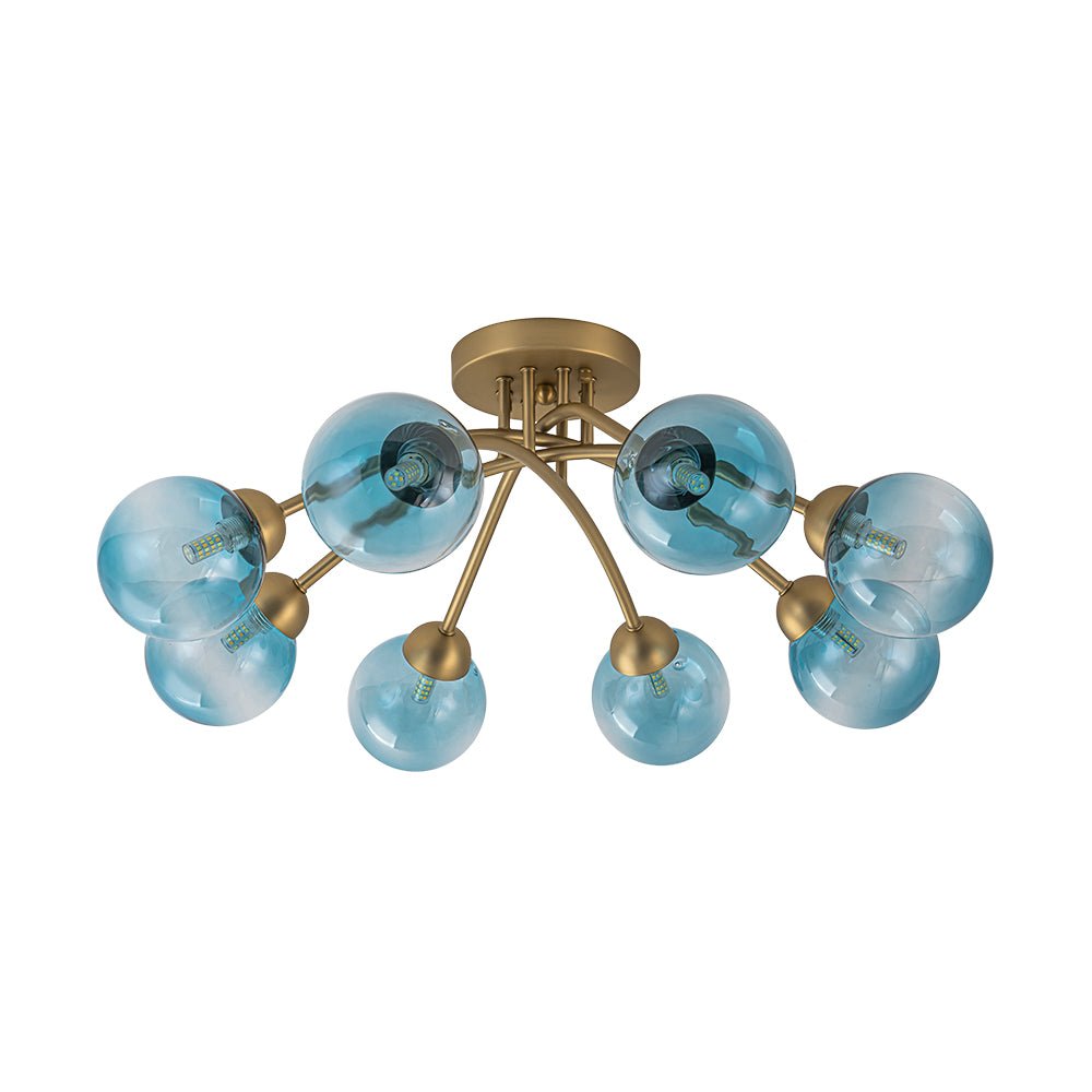 Art Deco 8-Light Sputnik Blue Glass Bubble Semi Flush Mount