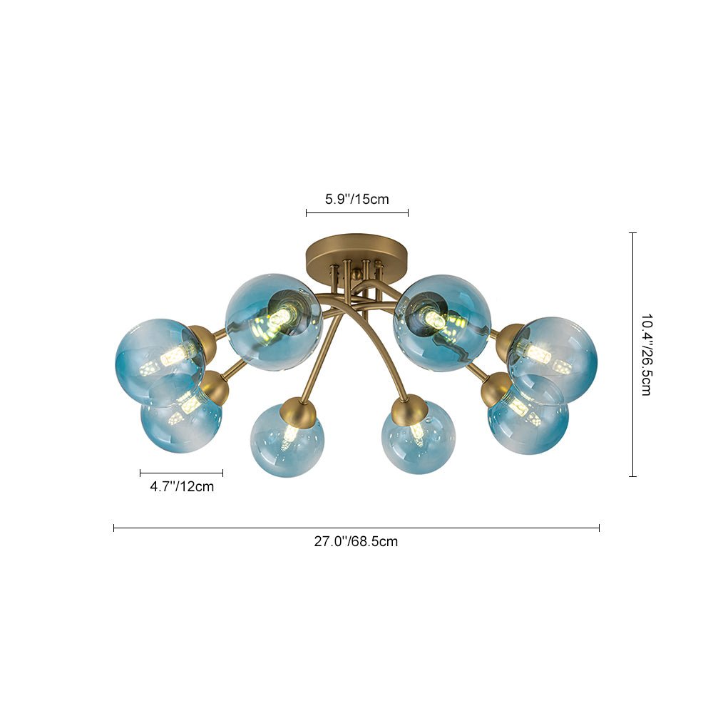 Art Deco 8-Light Sputnik Blue Glass Bubble Semi Flush Mount
