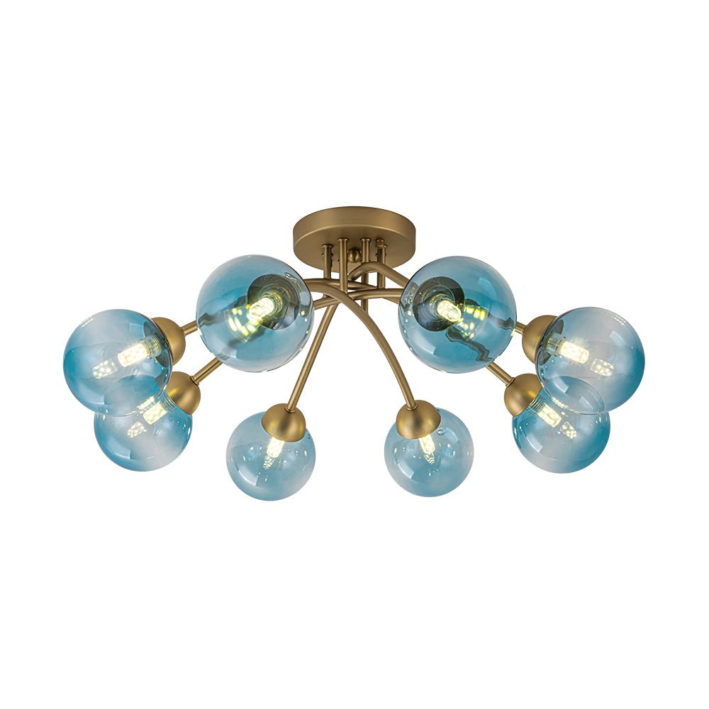 Art Deco 8-Light Sputnik Blue Glass Bubble Semi Flush Mount