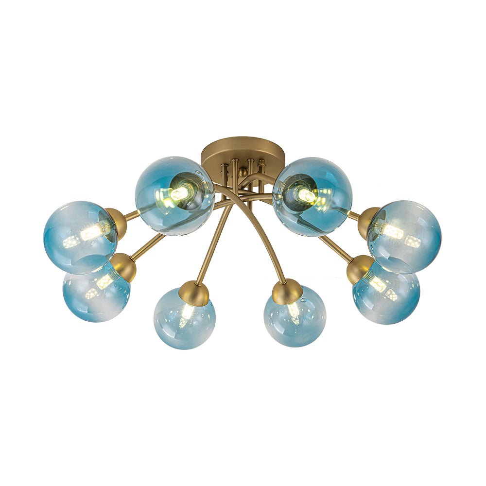Art Deco 8-Light Sputnik Blue Glass Bubble Semi Flush Mount