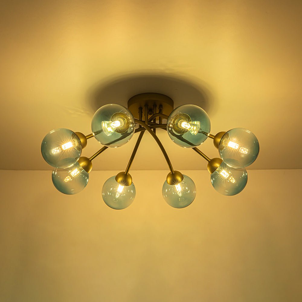 Art Deco 8-Light Sputnik Blue Glass Bubble Semi Flush Mount