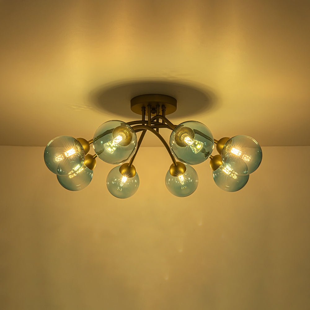 Art Deco 8-Light Sputnik Blue Glass Bubble Semi Flush Mount