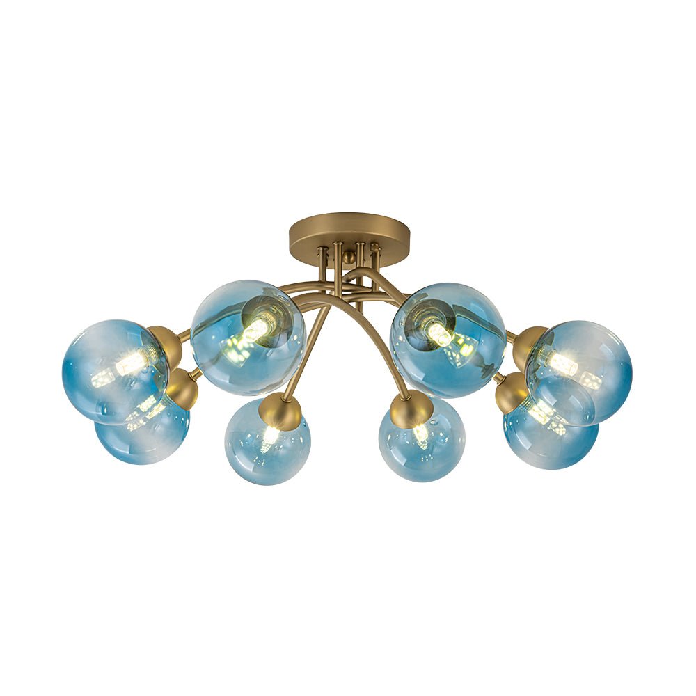 Art Deco 8-Light Sputnik Blue Glass Bubble Semi Flush Mount