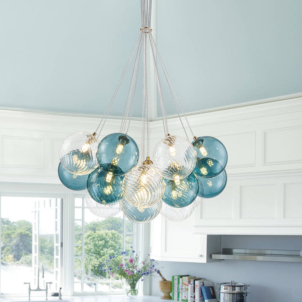 Art Deco Blue Hue Cluster Glass Globe Bubble Chandelier