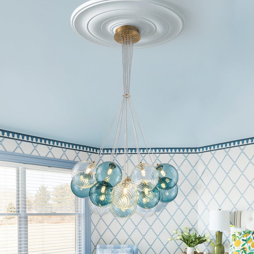 Art Deco Blue Hue Cluster Glass Globe Bubble Chandelier