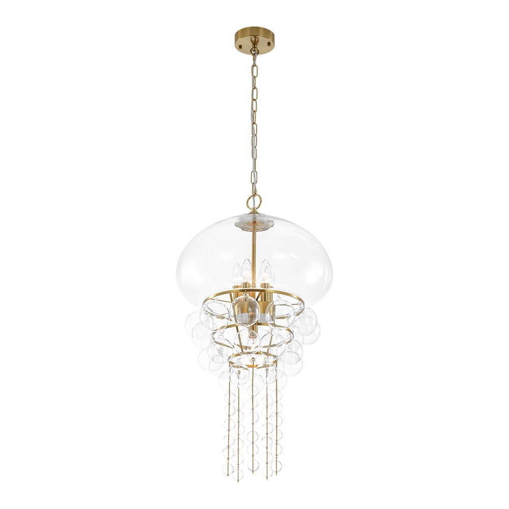 Art Deco Brass Tiered Clear Glass Jellyfish Style Chandelier