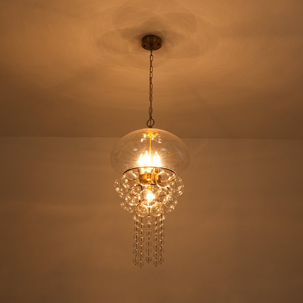 Art Deco Brass Tiered Clear Glass Jellyfish Style Chandelier