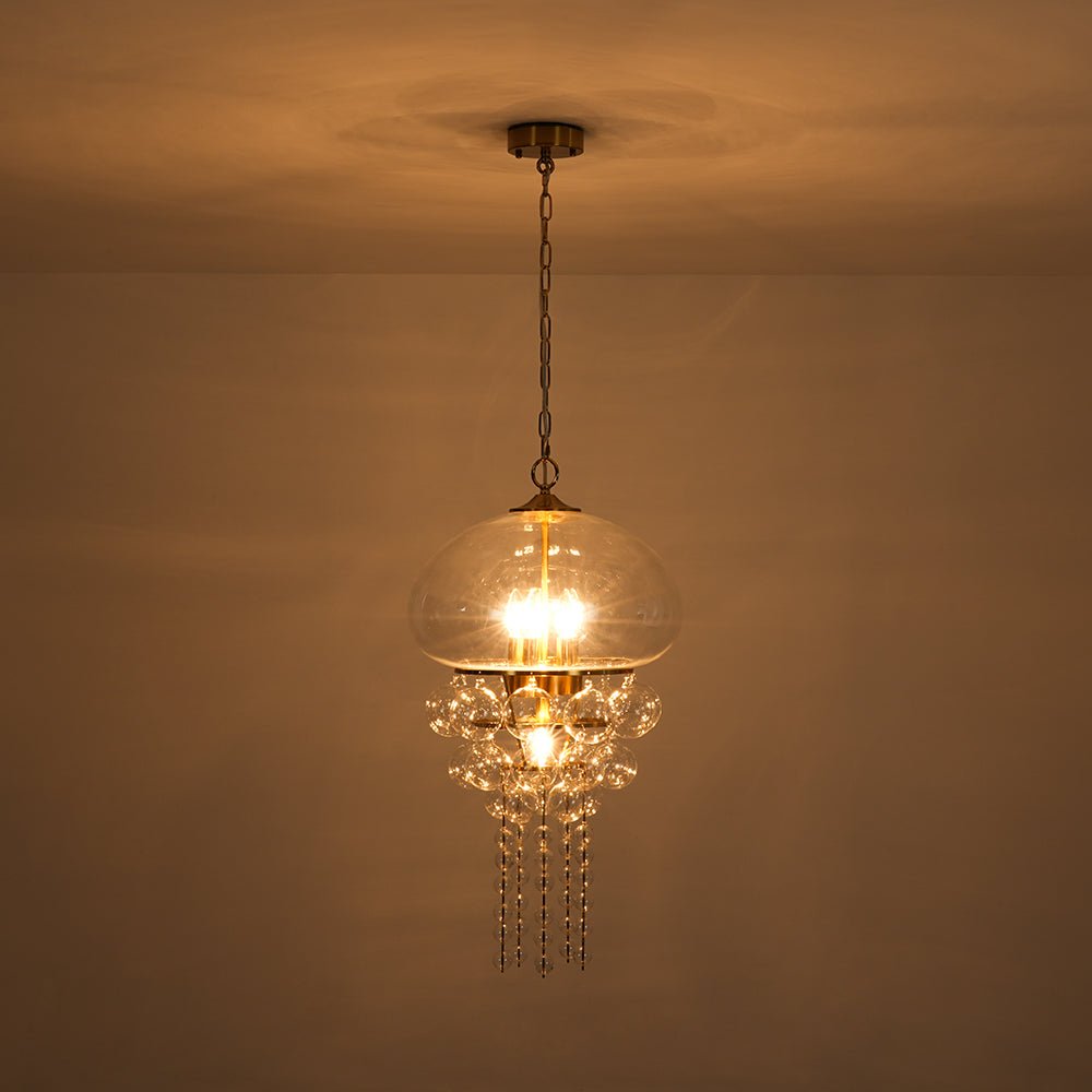 Art Deco Brass Tiered Clear Glass Jellyfish Style Chandelier