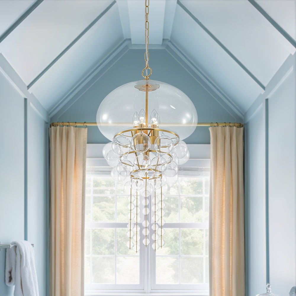 Art Deco Brass Tiered Clear Glass Jellyfish Style Chandelier