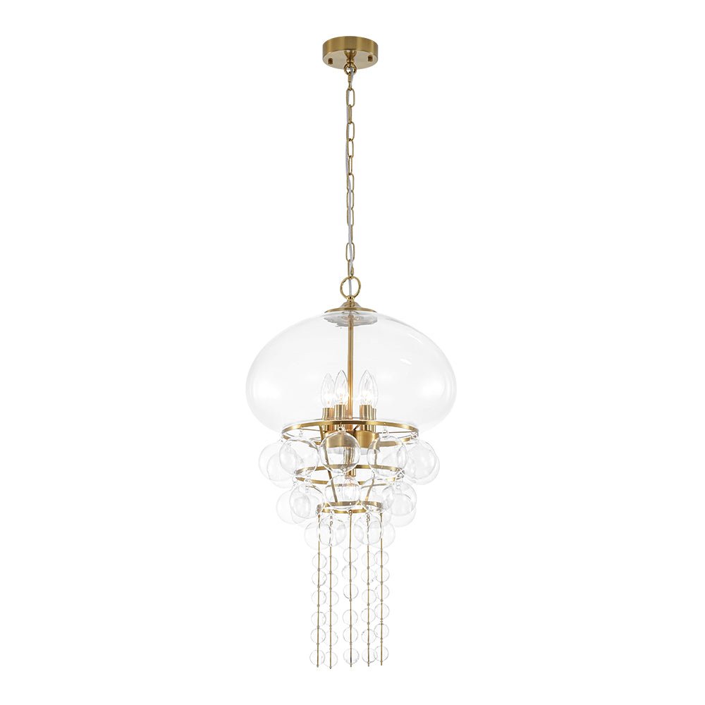 Art Deco Brass Tiered Clear Glass Jellyfish Style Chandelier