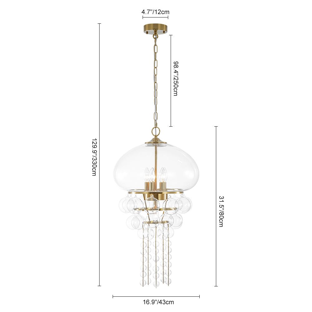 Art Deco Brass Tiered Clear Glass Jellyfish Style Chandelier