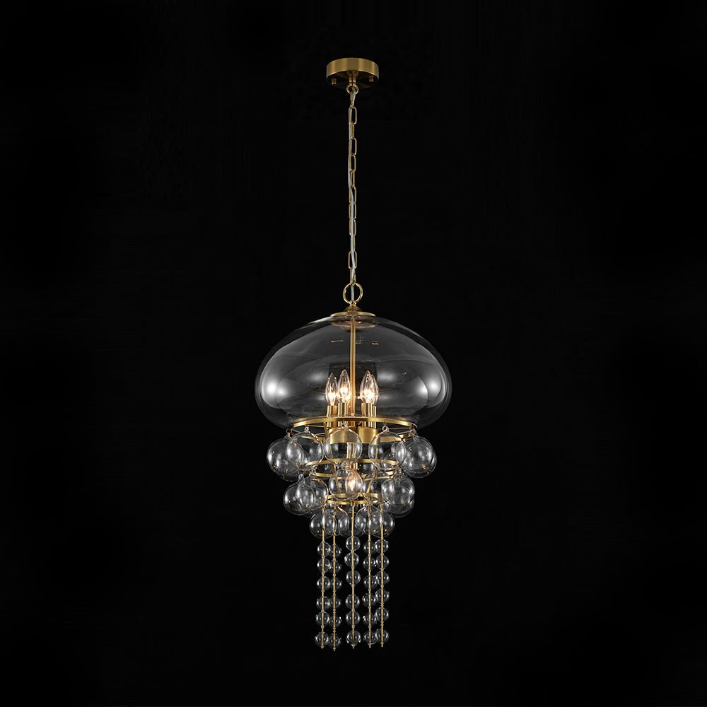 Art Deco Brass Tiered Clear Glass Jellyfish Style Chandelier