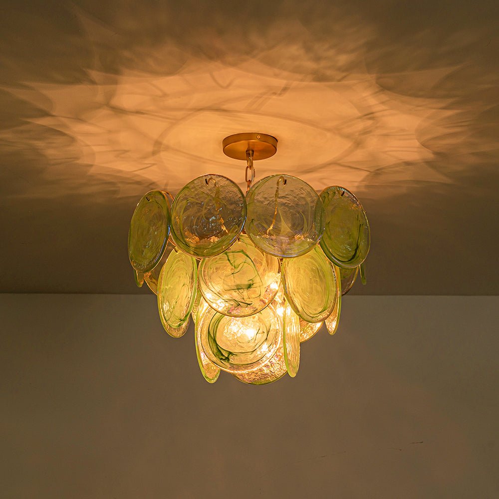 Art Deco Green Iridescent Swirl Glass Tiered Chandelier