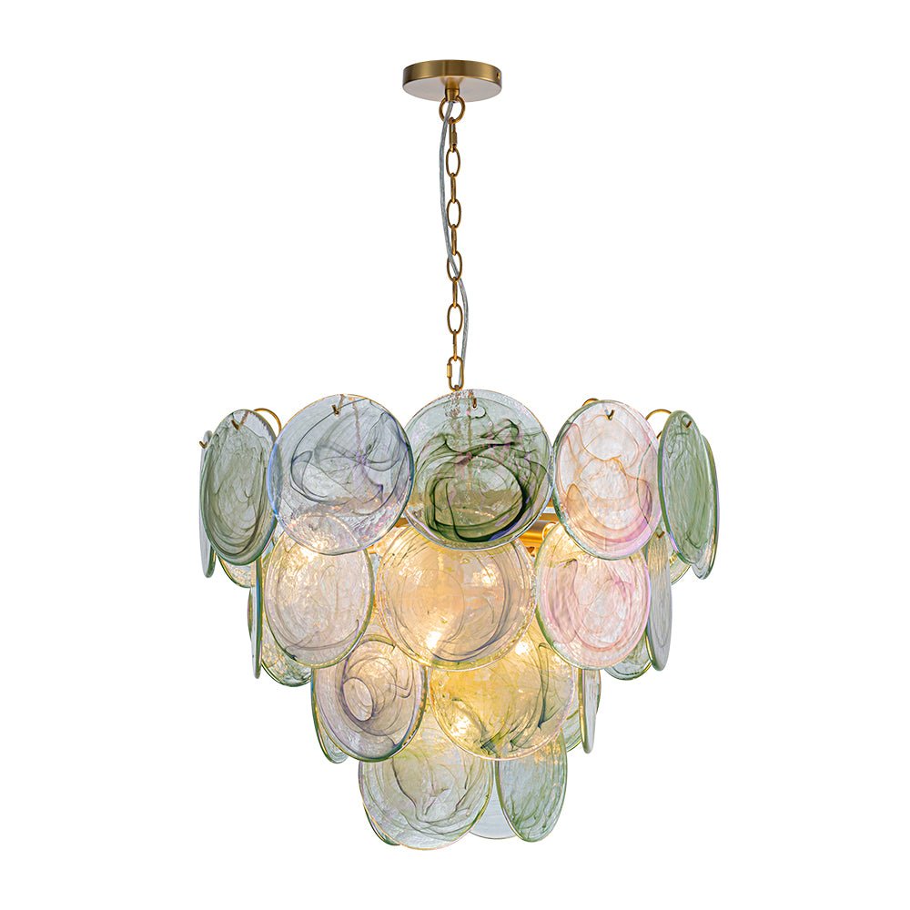Art Deco Green Iridescent Swirl Glass Tiered Chandelier