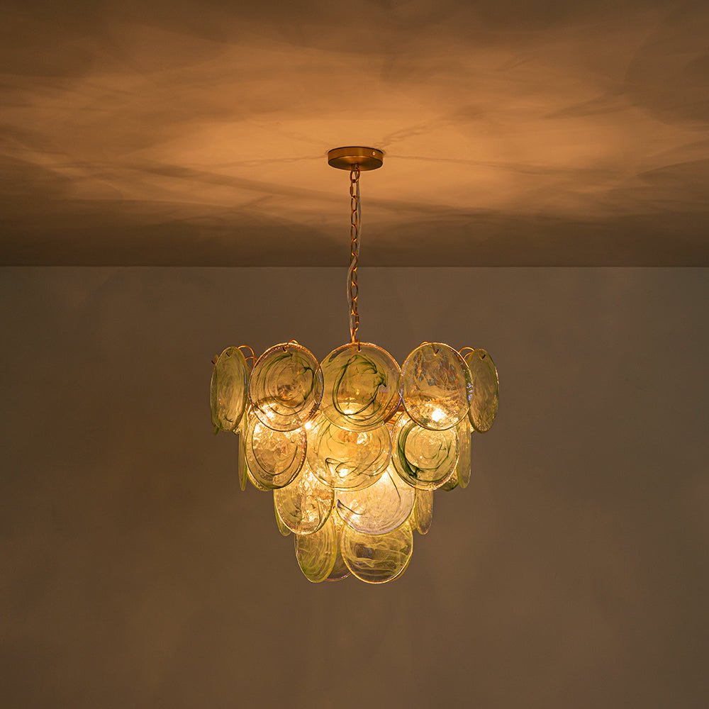 Art Deco Green Iridescent Swirl Glass Tiered Chandelier