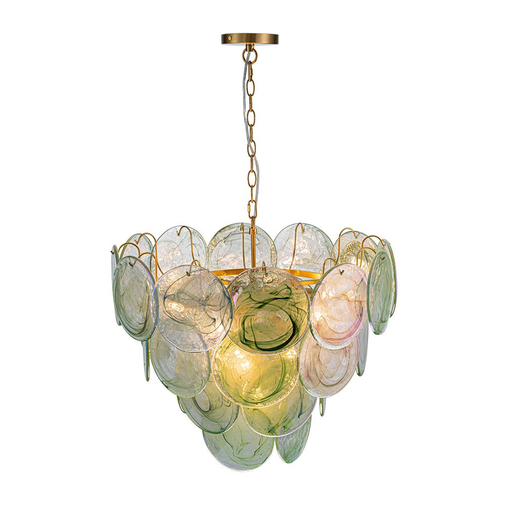 Art Deco Green Iridescent Swirl Glass Tiered Chandelier