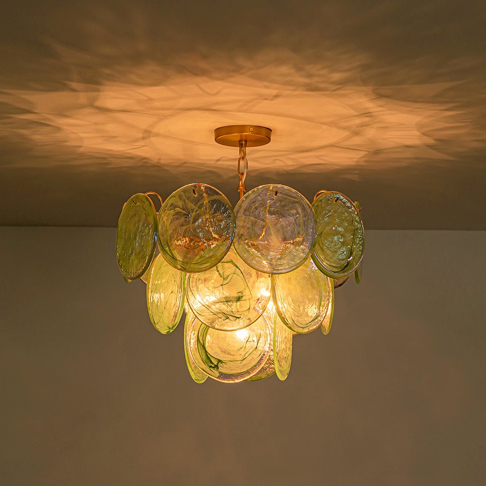 Art Deco Green Iridescent Swirl Glass Tiered Chandelier