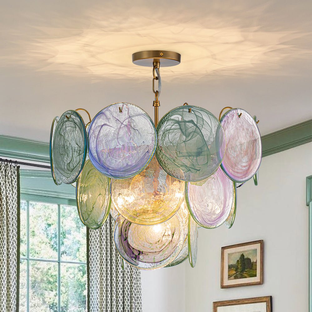 Art Deco Green Iridescent Swirl Glass Tiered Chandelier