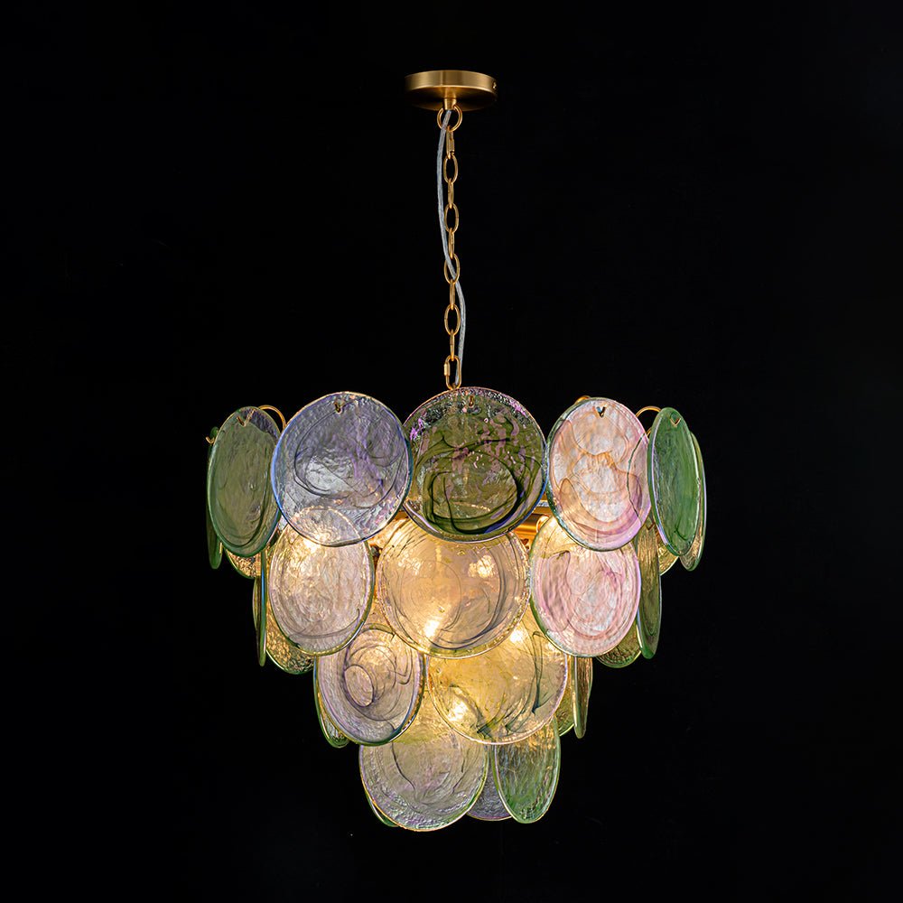 Art Deco Green Iridescent Swirl Glass Tiered Chandelier