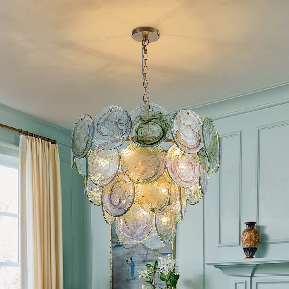 Art Deco Green Iridescent Swirl Glass Tiered Chandelier