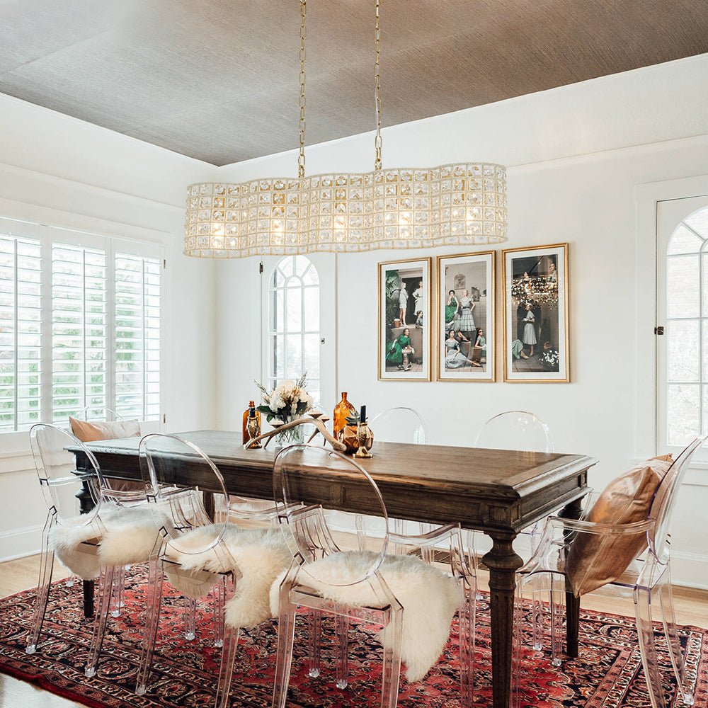 Art Deco Luxury Brass Crystal Linear Cage Island Chandelier