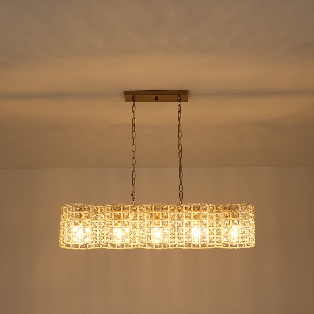 Art Deco Luxury Brass Crystal Linear Cage Island Chandelier