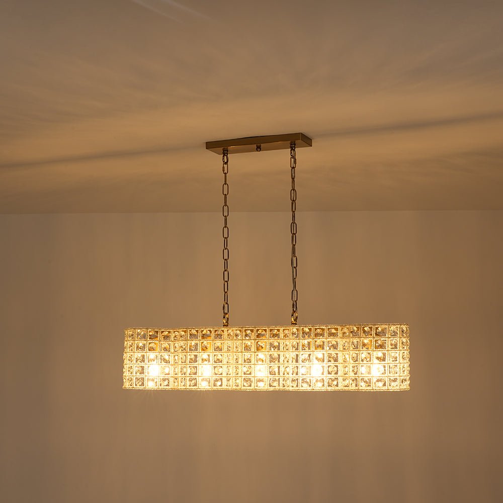 Art Deco Luxury Brass Crystal Linear Cage Island Chandelier
