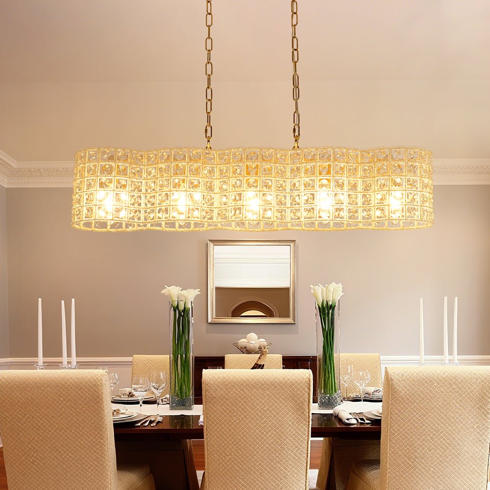 Art Deco Luxury Brass Crystal Linear Cage Island Chandelier