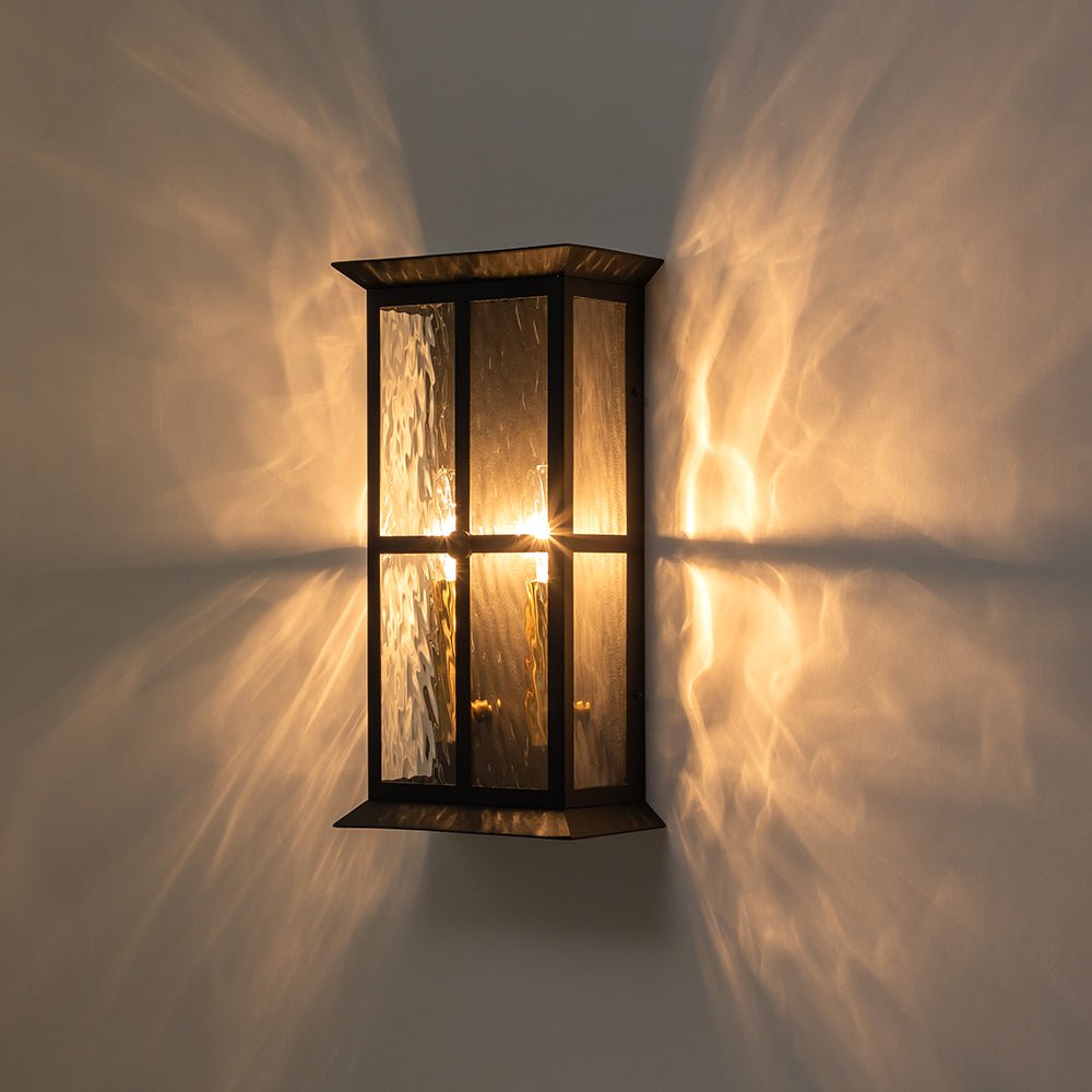 Black 2-Light Water Glass Lantern Outdoor Wall Light