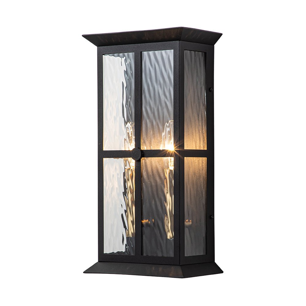 Black 2-Light Water Glass Lantern Outdoor Wall Light
