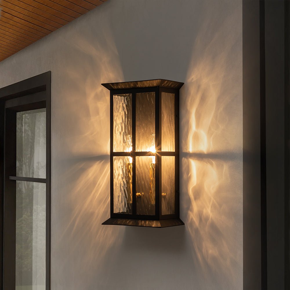 Black 2-Light Water Glass Lantern Outdoor Wall Light