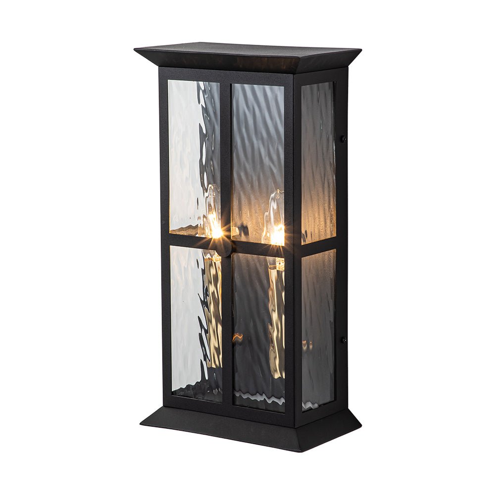 Black 2-Light Water Glass Lantern Outdoor Wall Light