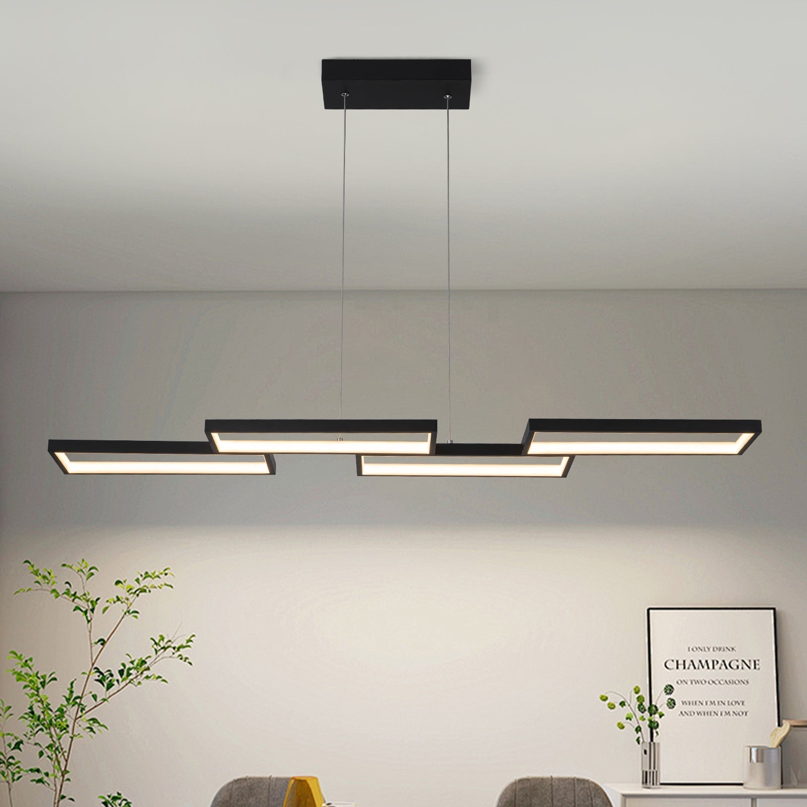 Black 4-light Rectangular Dimmable LED Kitchen Island Pendant