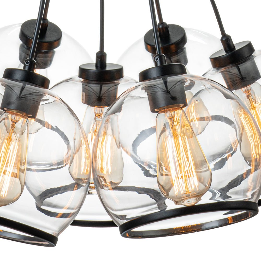Black 7-Light Cluster Clear Glass Globe Chandelier